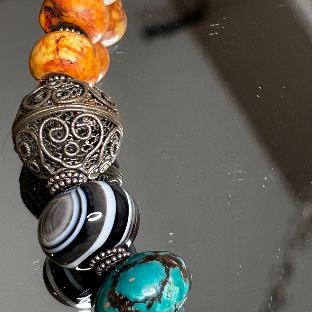 Handmade African beaded tribal choker necklace silver chunky onyx turquoise - Picture 4 of 16
